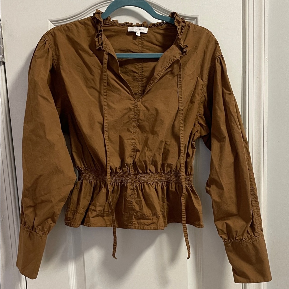 Rebecca Taylor Brown Peplum Tie-Neck Long Sleeve Jacket